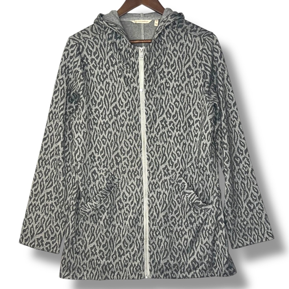 Soft Surroundings Long Hoodie M Gray Black Leopard Animal Print Full Zip Jacket